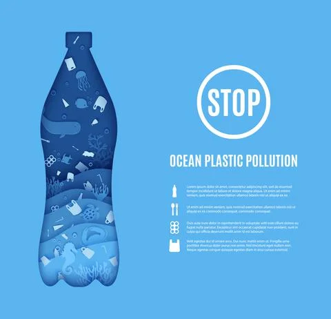 Stop ocean plastic pollution banner design template in paper cut style. Papercut Stock Illustration