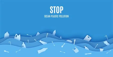 Stop ocean plastic pollution banner design template in paper cut style. Papercut Stock Illustration