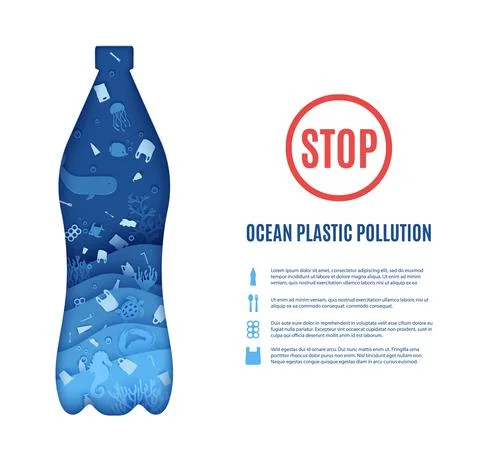 Stop ocean plastic pollution banner design template in paper cut style. Papercut Stock Illustration