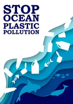 Stop ocean plastic pollution banner in paper cut style. Plastic bags float in Stock Illustration