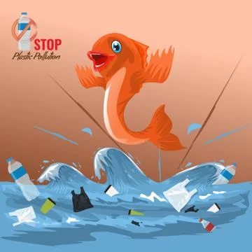Stop ocean plastic pollution concept with fish character. Plastic garbage Illustrazione stock