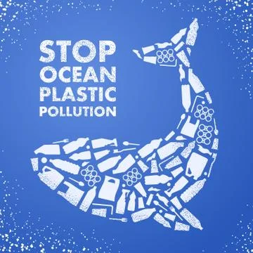 Stop ocean plastic pollution. Ecological poster. Whale composed of white plas Stock Illustration
