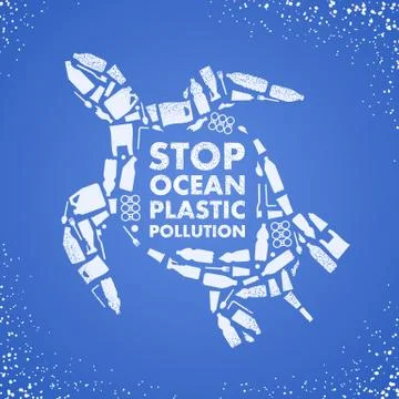Stop ocean plastic pollution. Ecological poster. Turtle composed of white pla Stock Illustration