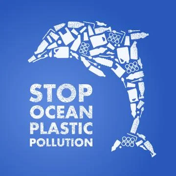 Stop ocean plastic pollution. Ecological poster. Dolphin composed of white pl Stock Illustration