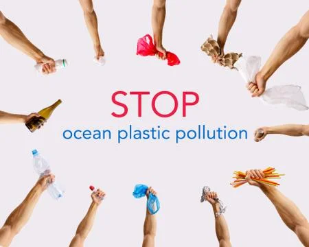 Stop ocean plastic pollution. Ecological poster. Hands holding plastic waste Stockfoto's