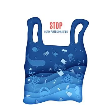 Stop ocean plastic pollution poster in paper cut style. Plastic bag silhouette Stock Illustration