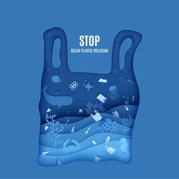 Stop ocean plastic pollution poster in paper cut style. Plastic bag silhouette Illustrazione stock