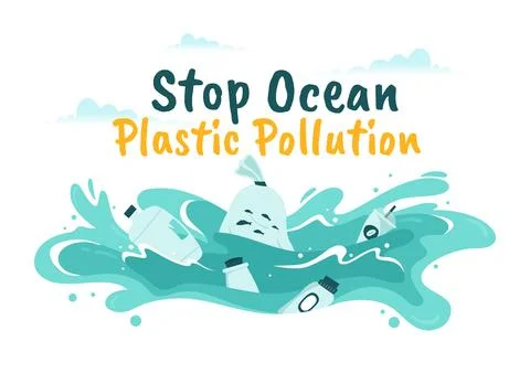 Stop Ocean Plastic Pollution Vector Illustration with Trash Under the Sea l.. Illustrazione stock