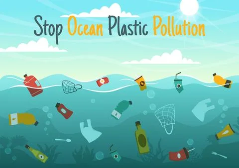 Stop Ocean Plastic Pollution Vector Illustration with Trash Under the Sea l.. Illustrazione stock