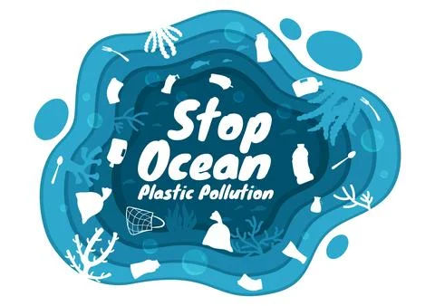 Stop Ocean Plastic Pollution Vector Illustration with Trash Under the Sea l.. Illustrazione stock