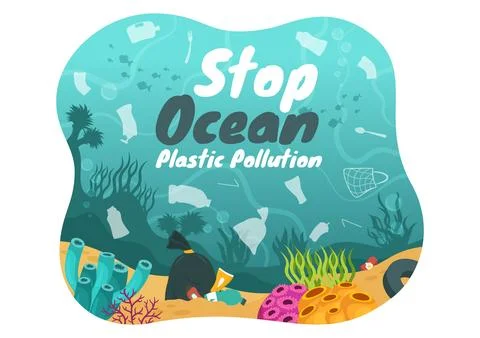 Stop Ocean Plastic Pollution Vector Illustration with Trash Under the Sea l.. Illustrazione stock