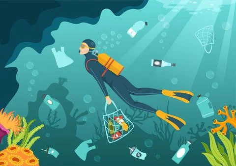 Stop Ocean Plastic Pollution Vector Illustration with Trash Under the Sea l.. Illustrazione stock