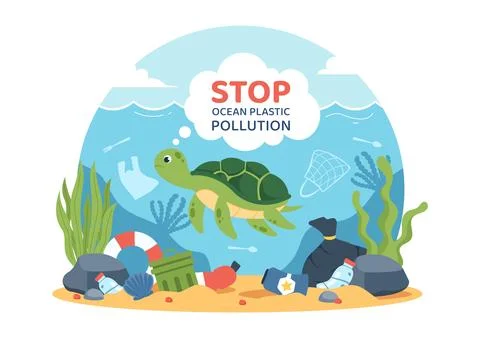Stop Ocean Plastic Pollution Vector Illustration with Trash Under the Sea l.. Illustrazione stock