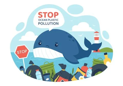 Stop Ocean Plastic Pollution Vector Illustration with Trash Under the Sea l.. Illustrazione stock