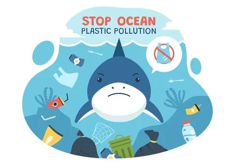 Stop Ocean Plastic Pollution Vector Illustration with Trash Under the Sea l.. Illustrazione stock
