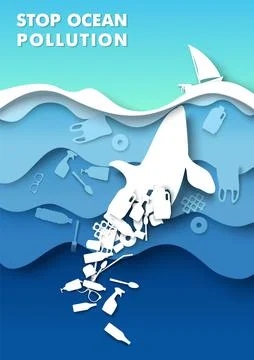 Stop ocean pollution poster template. Paper cut underwater background, marine Stock Illustration
