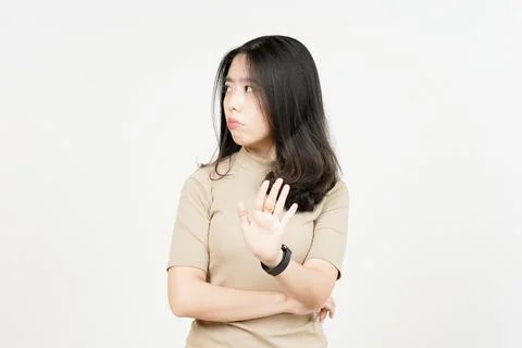 Stop or Rejection Hand Gesture Of Beautiful Asian Woman Isolated On White Bac Stock Photos