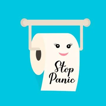 Stop Panic calligraphy hand lettering on cute cartoon toilet paper roll. Pand Stock Illustration