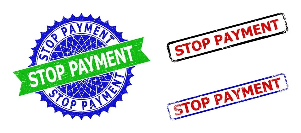STOP PAYMENT Rosette and Rectangle Bicolor Seals with Unclean Styles Stock Illustration