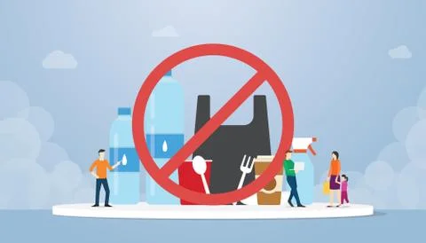 Stop plastic campaign with various bottles plastics and other with team peopl Stock Illustration