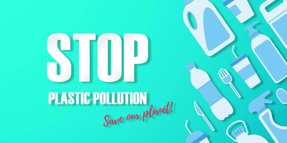 Stop plastic pollution. Disposable plastic. Copy space. Flat lay. Bottle, gla Stockillustratie