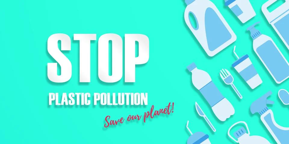 Stop plastic pollution. Disposable plastic. Copy space. Flat lay. Bottle, gla Illustrazione stock