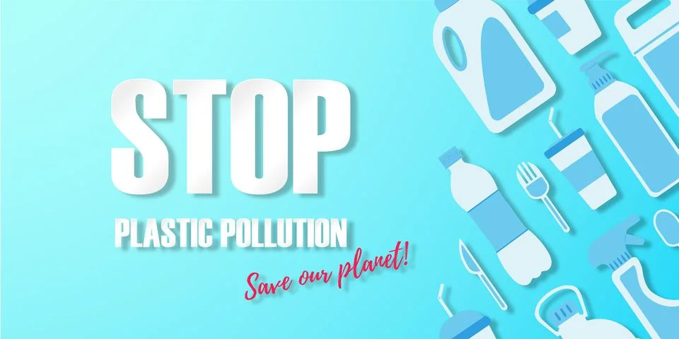 Stop plastic pollution. Disposable plastic. Copy space. Flat lay. Bottle, gla Stock Illustration