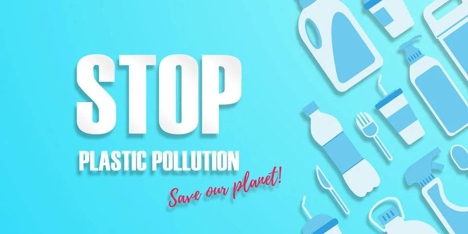 Stop plastic pollution. Disposable plastic. Copy space. Flat lay. Bottle, gla 스톡 일러스트