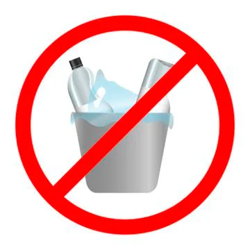 Stop plastic pollution. Rumpled Plastic dishes and bags in the bin. Red circl Stock Illustration