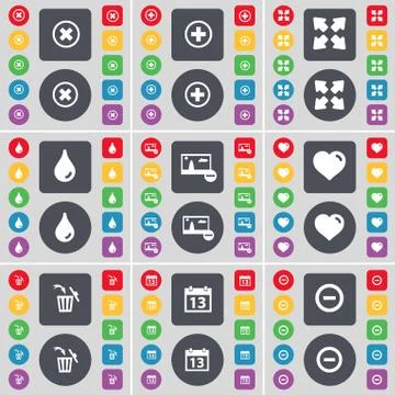 Stop, Plus, Full screen, Drop, Picture, Heart, Trash can, Calendar, Minus icon s Stock-Illustration
