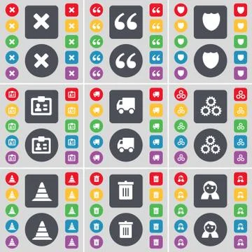 Stop, Quotation mark, Badge, Credit card, Truck, Gear, Cone, Trash can, Avatar i Stock-Illustration