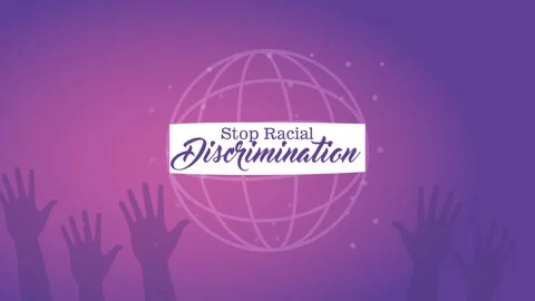 Stop racial discrimination animation with globe icon and raised hands on pu.. Video stock 338400893