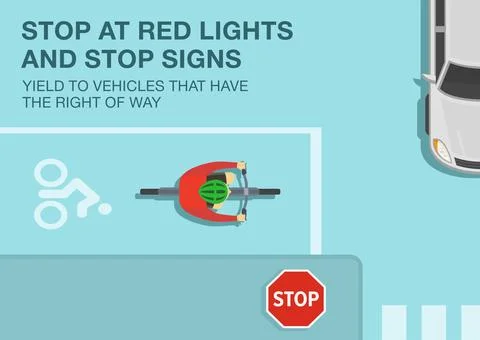 Stop at red lights and stop signs, yield to vehicles that have the right of way. Stock Illustration