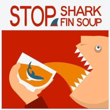 Stop shark fin soup.vector symbol poster with man head eating Stock Illustration