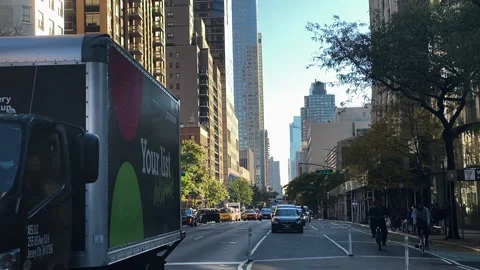 Stop &amp; Shop delivery truck navigates Manhattan Streets during summer Stock Footage 166326316