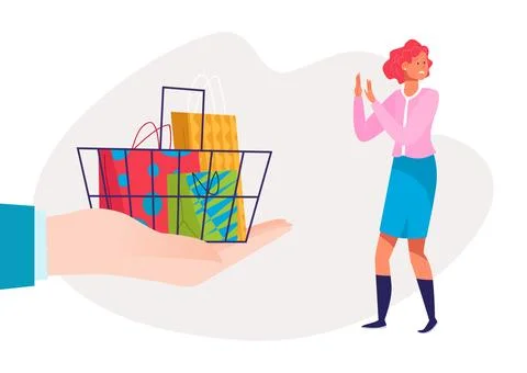 Stop shopping concept, vector illustration, flat woman character pull hands in Stockillustratie