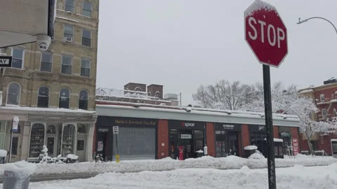 Stop Sign Amid Deep Snow at Brooklyn Intersection, Blizzard Close-Up 動画素材 329888649