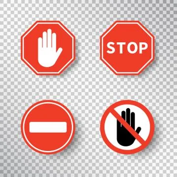 Stop sign and no entry hand symbol set isolated on transparent background. Re Stock Illustration