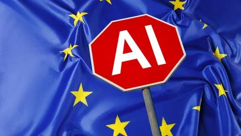 Stop sign for artificial intelligence in front of European Union flag Stock Photos