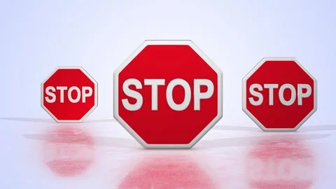 Stop Sign Boards on a Light Reflective Floor. 3D Stop Sign Animation. 4K Stock Footage 301371228