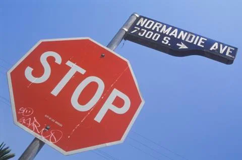 Stop sign at Normandie Avenue, South Central Los Angeles, California Stock Photos