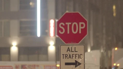 Stop sign View of Brooklyn during snowstorm Manhattan New York City usa Stock Footage 84838324