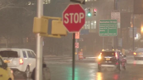 Stop sign View of Brooklyn during snow storm Manhattan New York City usa Stock Footage 84838339