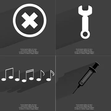 Stop sign, Wrench, Notes, Syringe. Symbols with long shadow. Flat design Illustrazione stock