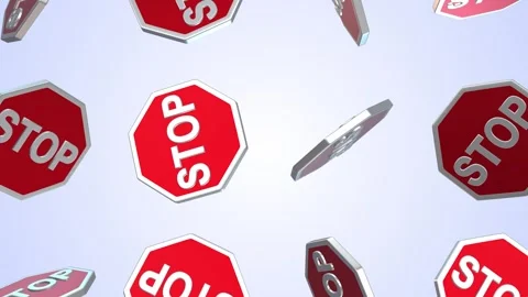 Stop Signs Falling on a Light Blue Background. Stops Sign Board 3D Animation. 4K Stock Footage 301370692