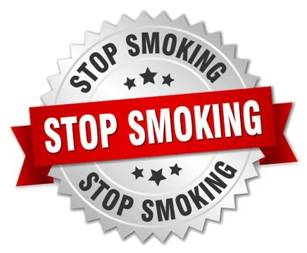 Stop smoking 3d silver badge with red ribbon Illustrazione stock