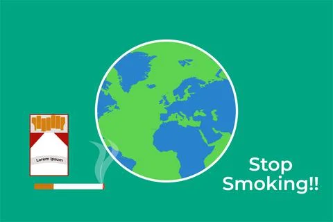 Stop smoking slogan with a pack of cigarettes and world map flat design. Igni Stock Illustration