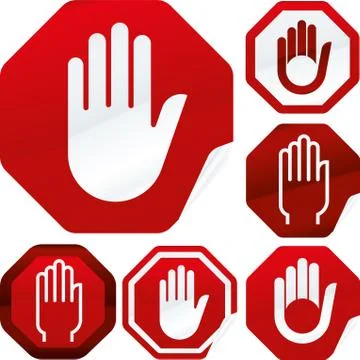 Stop sticker. Seven hand stop icons on octagon button. Stock Illustration
