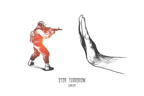 Stop terrorism concept. Hand drawn isolated vector. Illustrazione stock