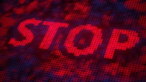 STOP text made of pixels on the screen, 3D rendering Ilustração Stock